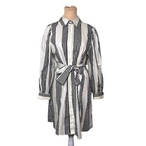 H&M Striped Button Down Shirt Dress Midi Belted Casual Office Business Womens M